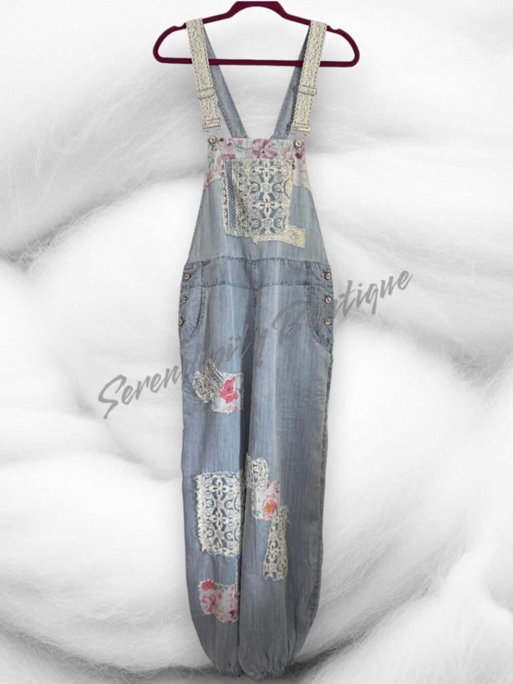 POL Sweet Boho Baby Faded Denim Floral & Lace Patchwork Girly Suspender Overalls - Picture 4 of 10